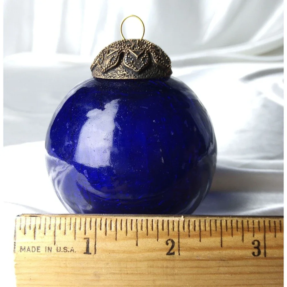 Vtg KUGEL Style Crackle Mercury Glass Heavy Christmas Ornament Ball Gold Blue